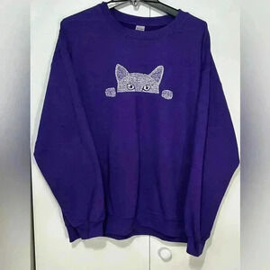 PEEKING CAT WOMEN'S MEOW WORD ART PURPLE CREWNECK SWEATSHIRT SIZE LARGE